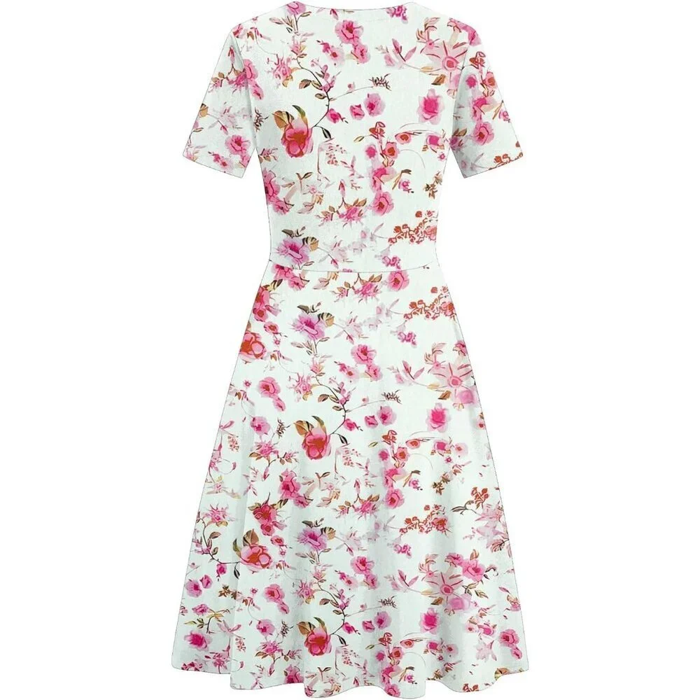 Women's Rose White Elegant Knee Length Vintage A-Line Swing Dress with Pockets